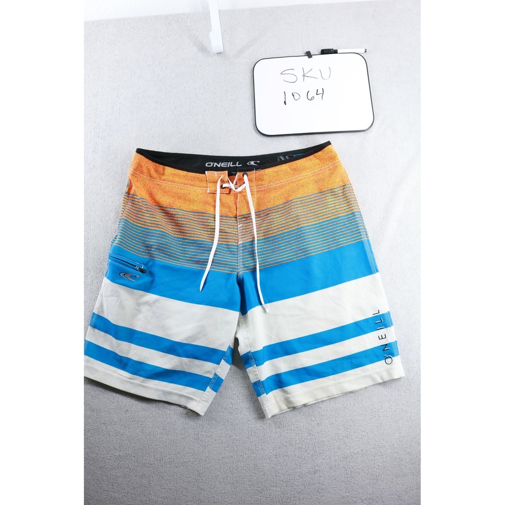 O'Neill Board Shorts Mens 36 Blue Orange Striped Hyperfreak Swim Trunks Pocket